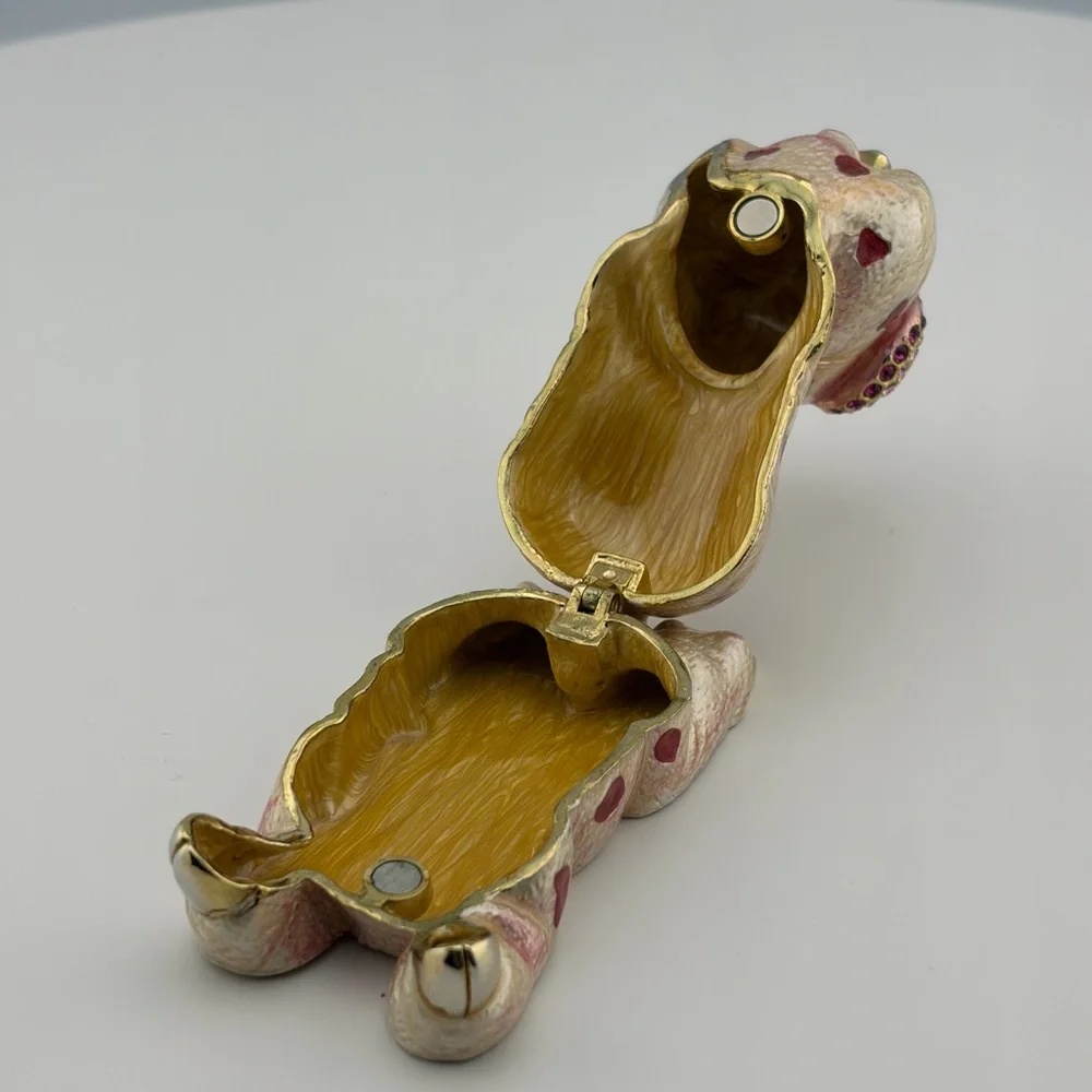 Vintage Gold Pink Enamel Rhinestone Pig Trinket Box - Picture 6 of 7